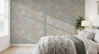 Bedroom backdrop softened by layered circular motifs on a light textured surface