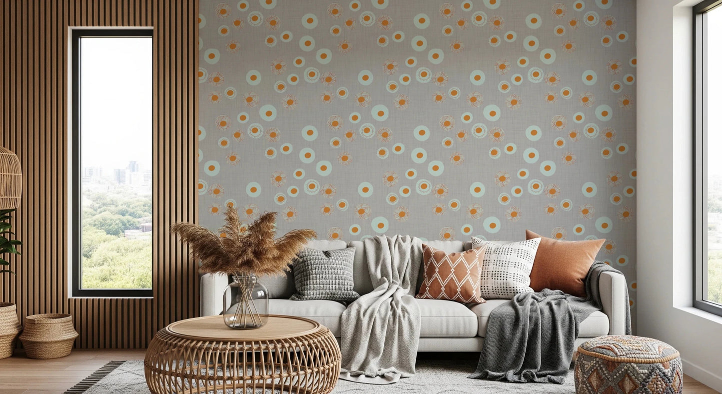 Minimal lounge setup lifted by subtle circular movement on a muted beige backdrop