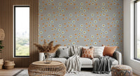 Minimal lounge setup lifted by subtle circular movement on a muted beige backdrop