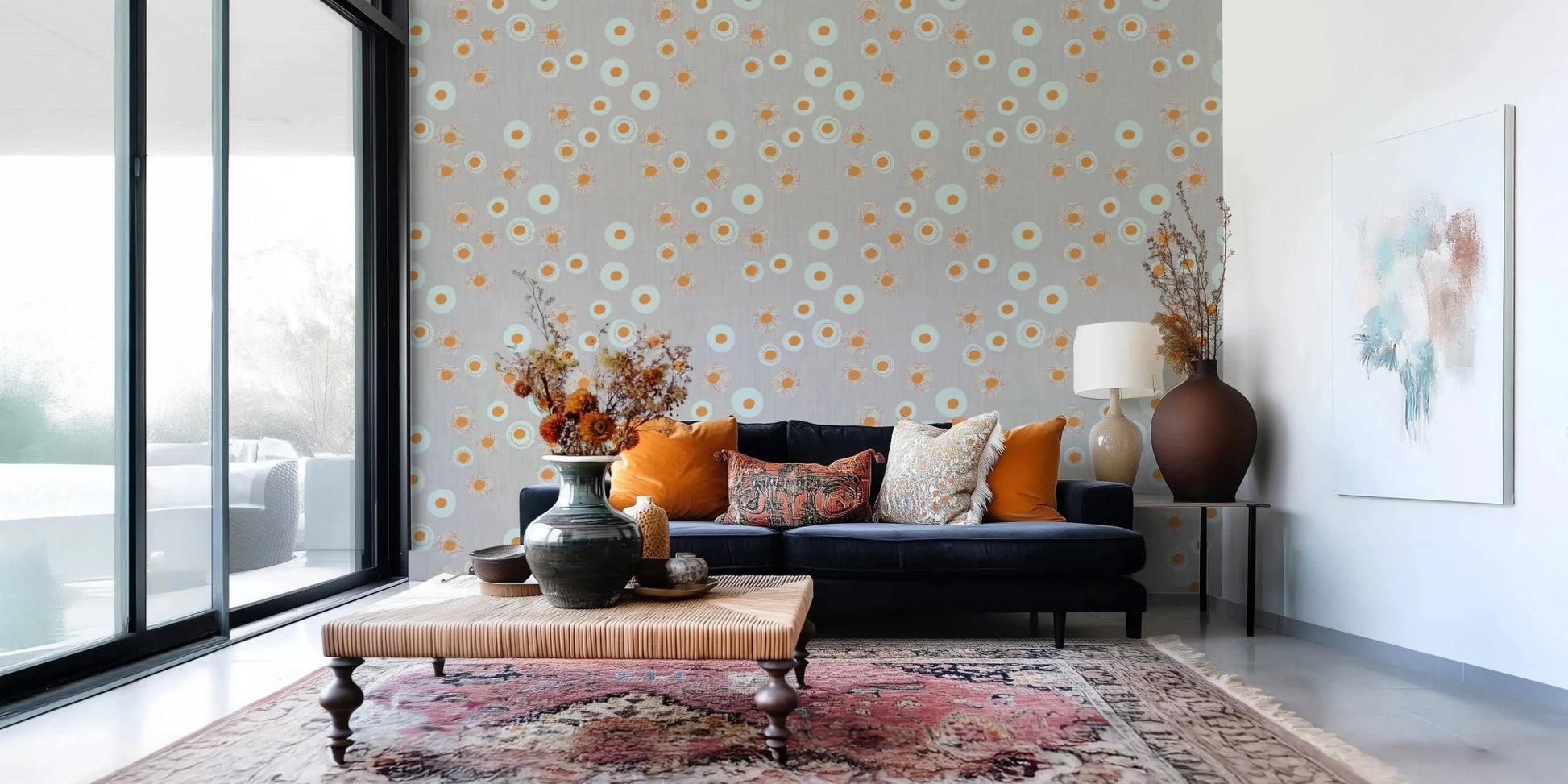 Window-lit seating zone paired with playful dots across a light linen-toned surface