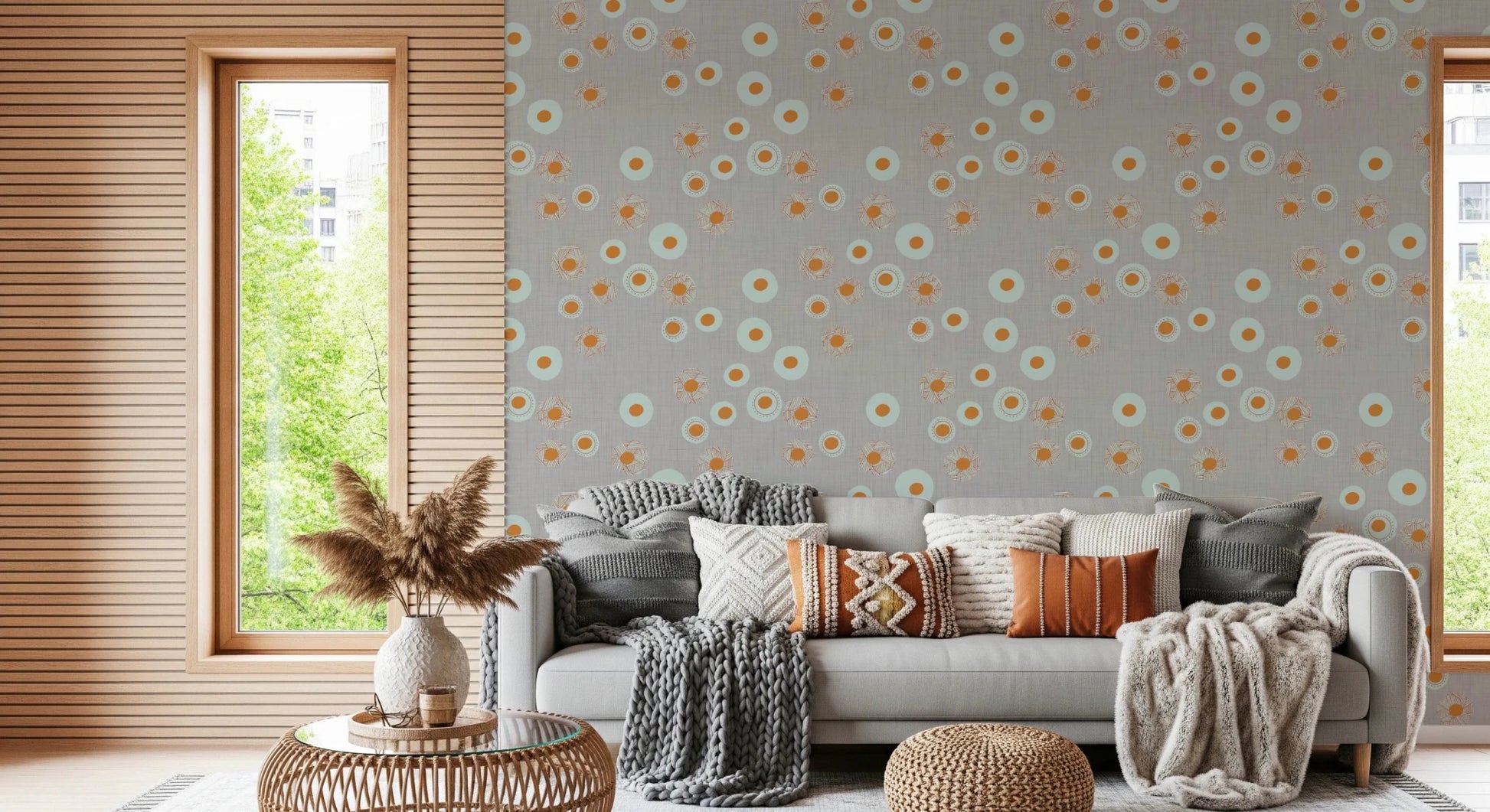 Relaxed lounge corner brightened by scattered circle motifs on a calm linen base