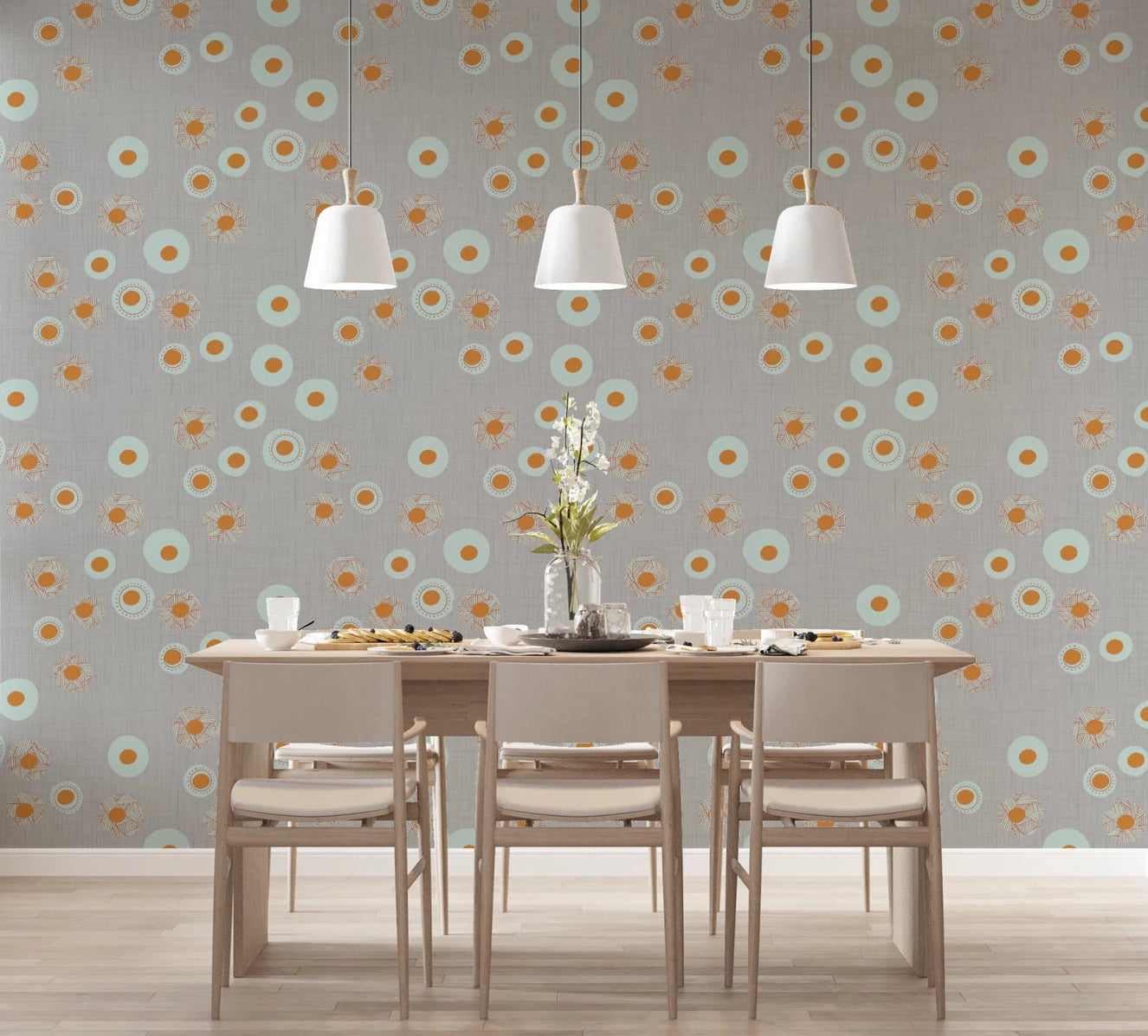 Dining space styled with warm linen dot wallpaper and soft neutral wooden furniture