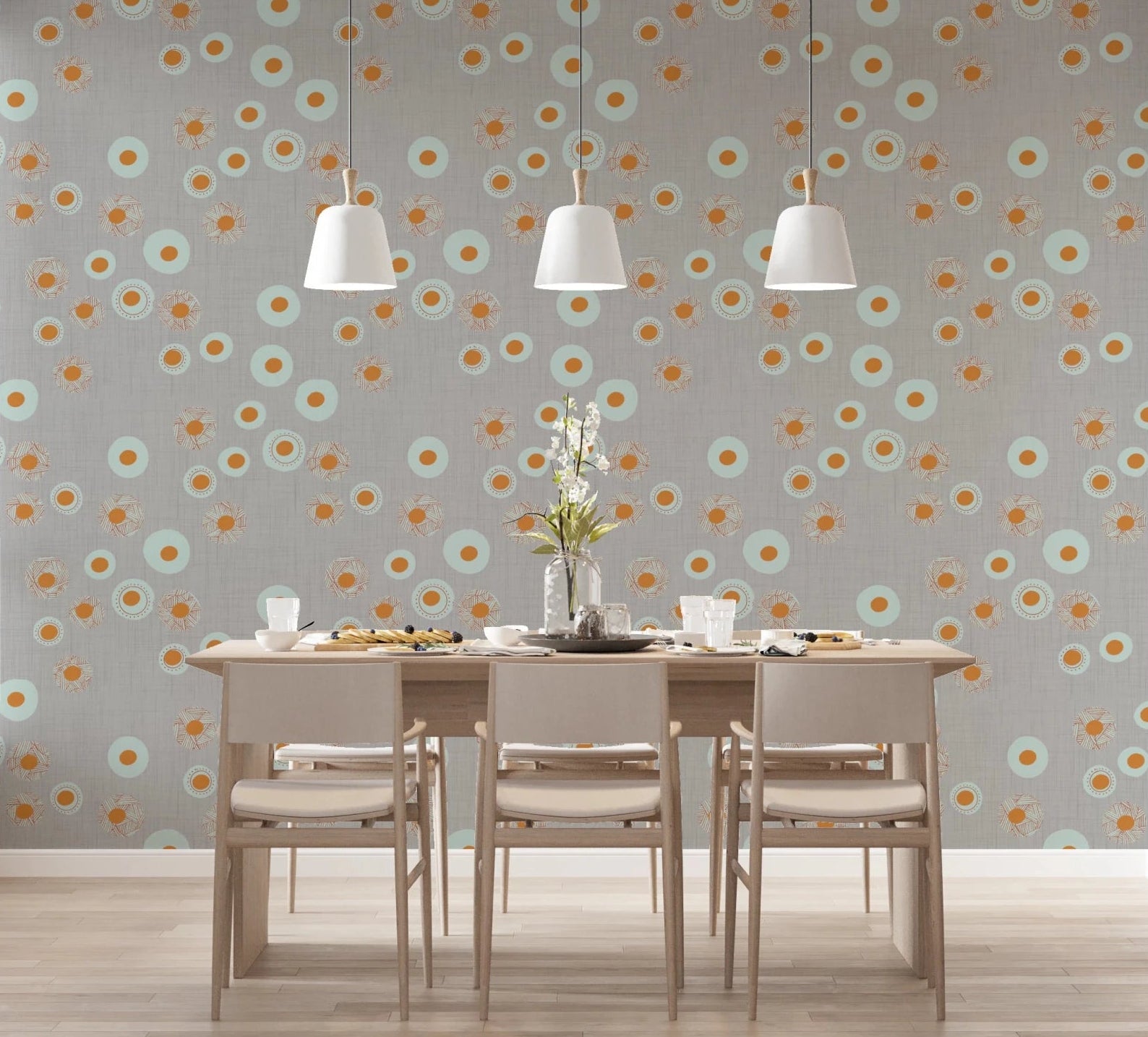 Dining space styled with warm linen dot wallpaper and soft neutral wooden furniture, GD8603