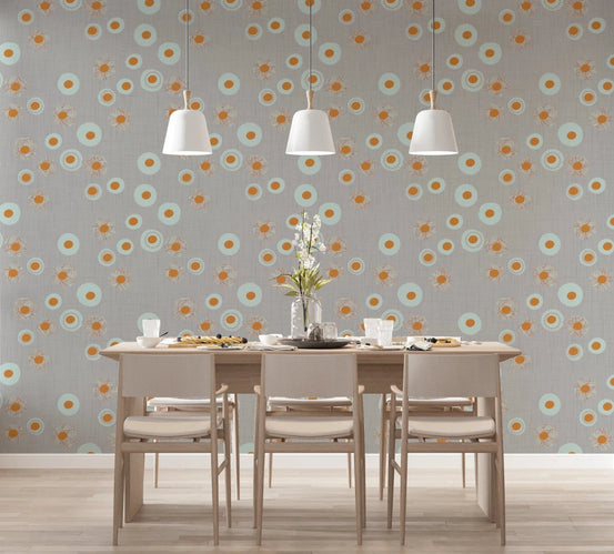 Dining space styled with warm linen dot wallpaper and soft neutral wooden furniture, GD8603