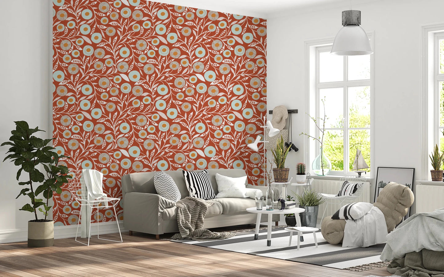 Cozy sofa corner lifted by Cozy Scandi Folk Floral Burnt Terracotta wallpaper, GD8546