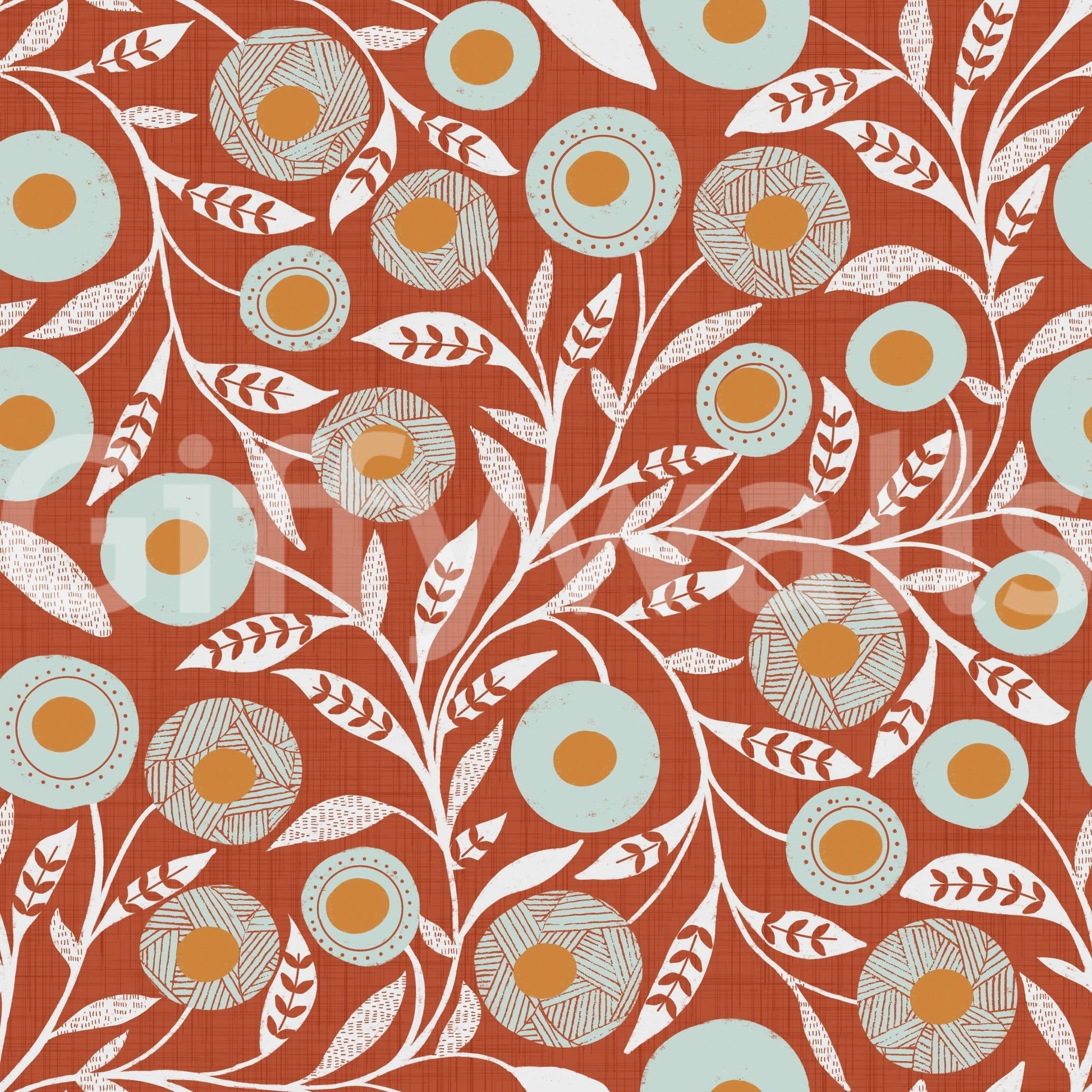 Cozy Scandi Folk Floral Burnt Terracotta Craft Botanical Wallpaper with leafy floral repeat, GD8546