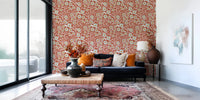 Relaxed sitting area featuring Burnt Terracotta craft botanical wallpaper and pale seating, GD8546