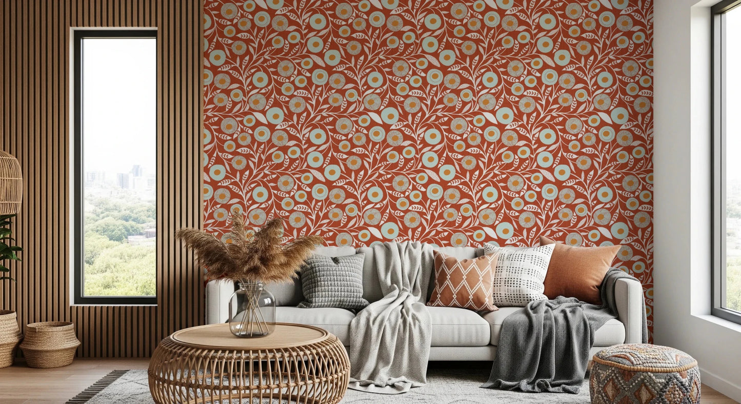 Window-side nook framed by this folk floral Burnt Terracotta wallpaper backdrop, GD8546