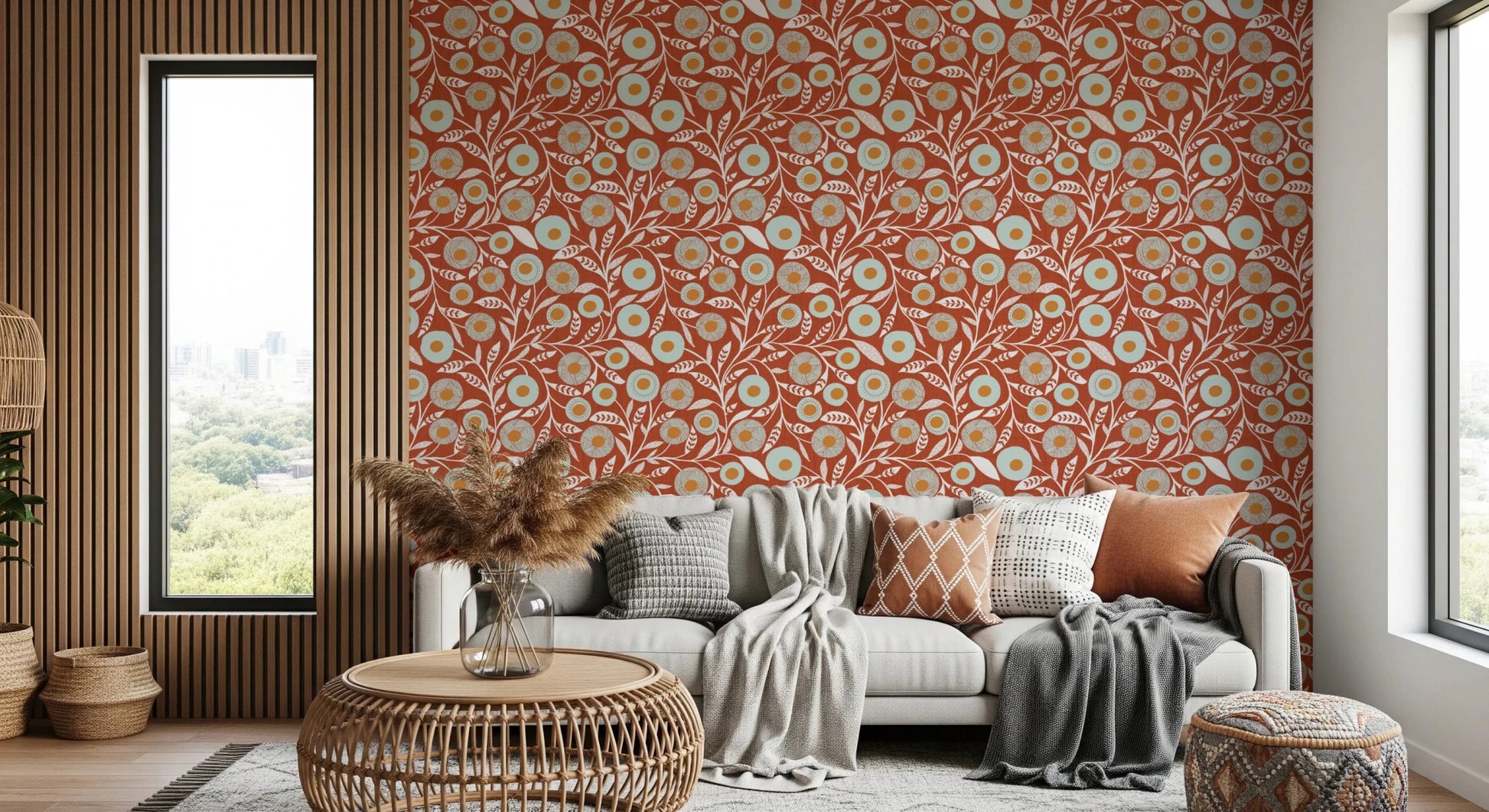 Window-side nook framed by this folk floral Burnt Terracotta wallpaper backdrop, GD8546