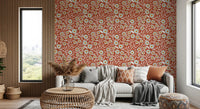 Window-side nook framed by this folk floral Burnt Terracotta wallpaper backdrop, GD8546