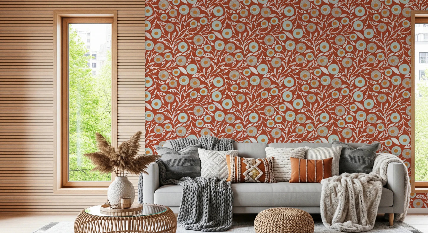 Rustic lounge nook warmed by Cozy Scandi Folk Floral Burnt Terracotta wallpaper, GD8546
