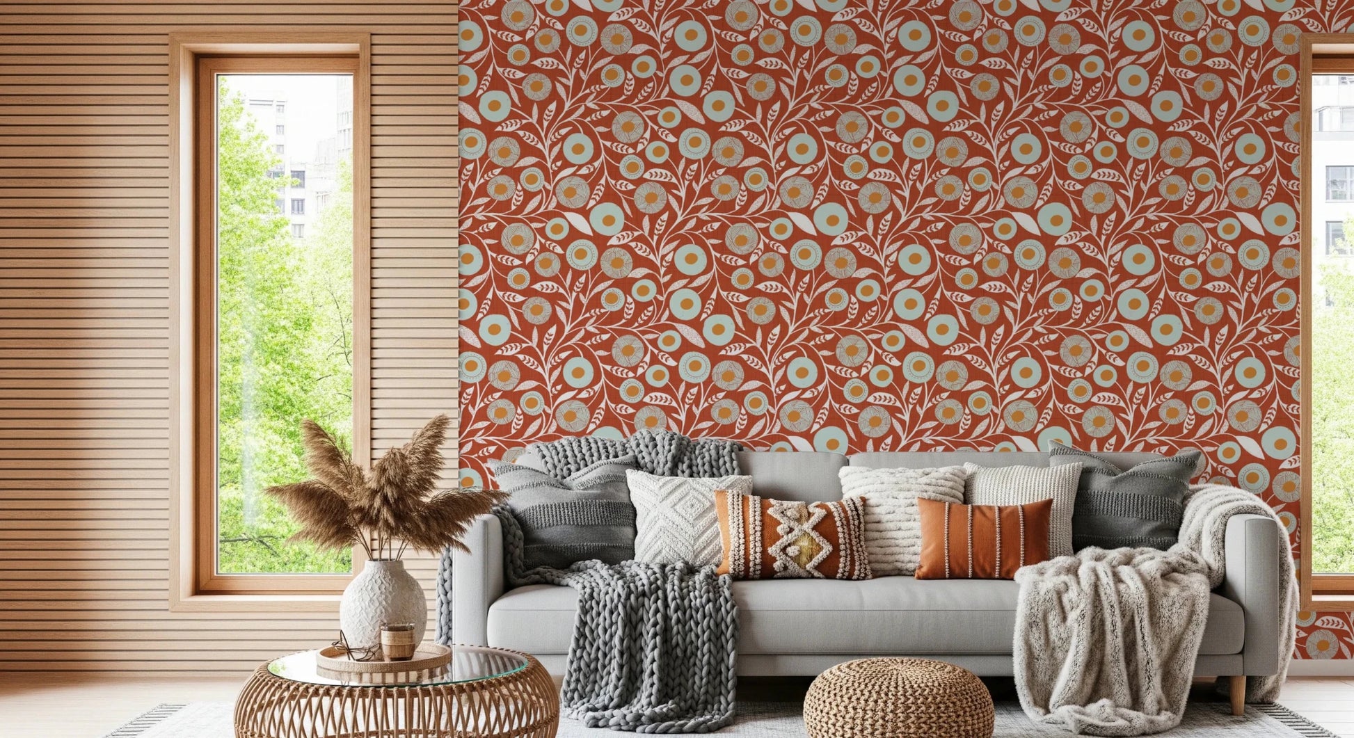 Rustic lounge nook warmed by Cozy Scandi Folk Floral Burnt Terracotta wallpaper, GD8546