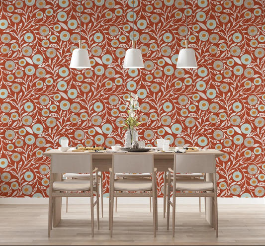 Dining room updated with this burnt terracotta folk floral wallpaper and wood accents