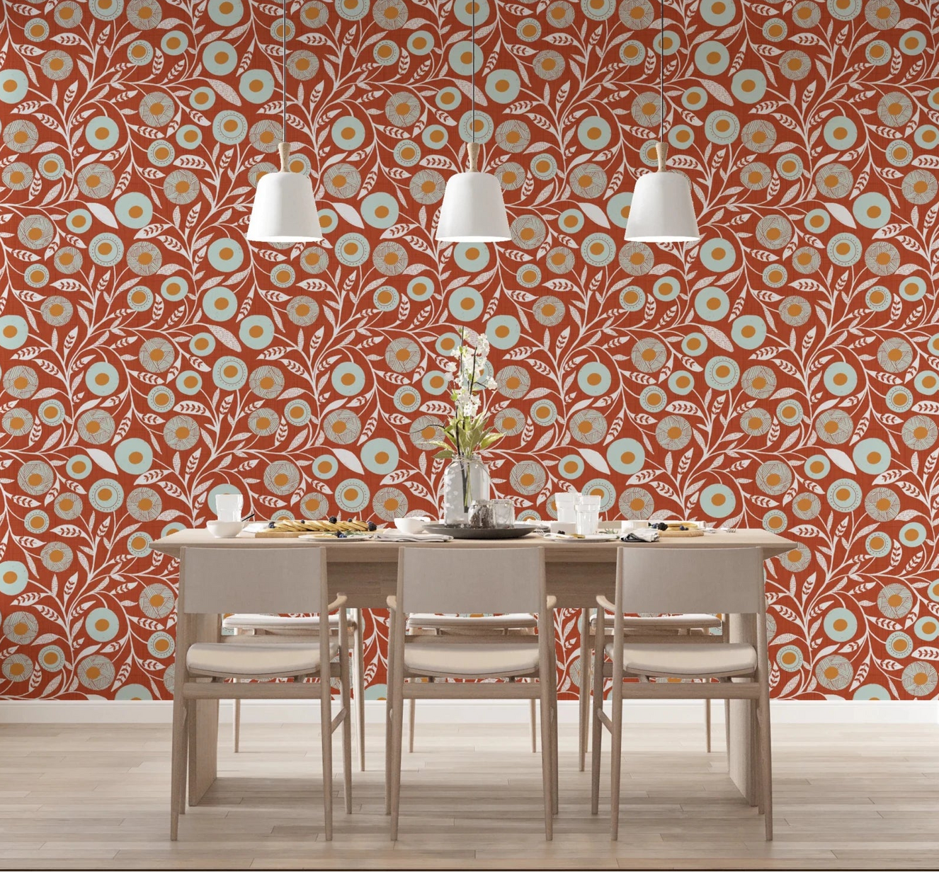 Dining room updated with this burnt terracotta folk floral wallpaper and wood accents