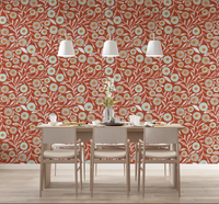 Dining room updated with this burnt terracotta folk floral wallpaper and wood accents, GD8546