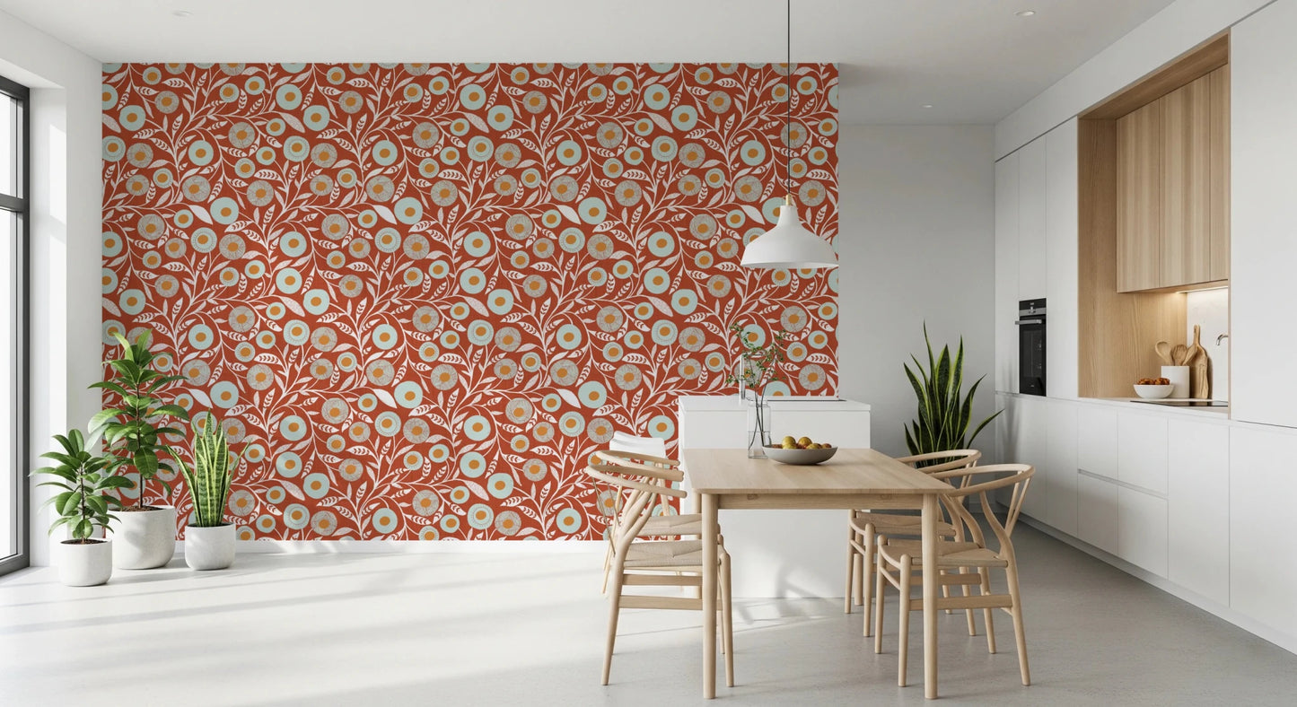 Dining room  finished in Burnt Terracotta craft botanical wallpaper with soft light, GD8546