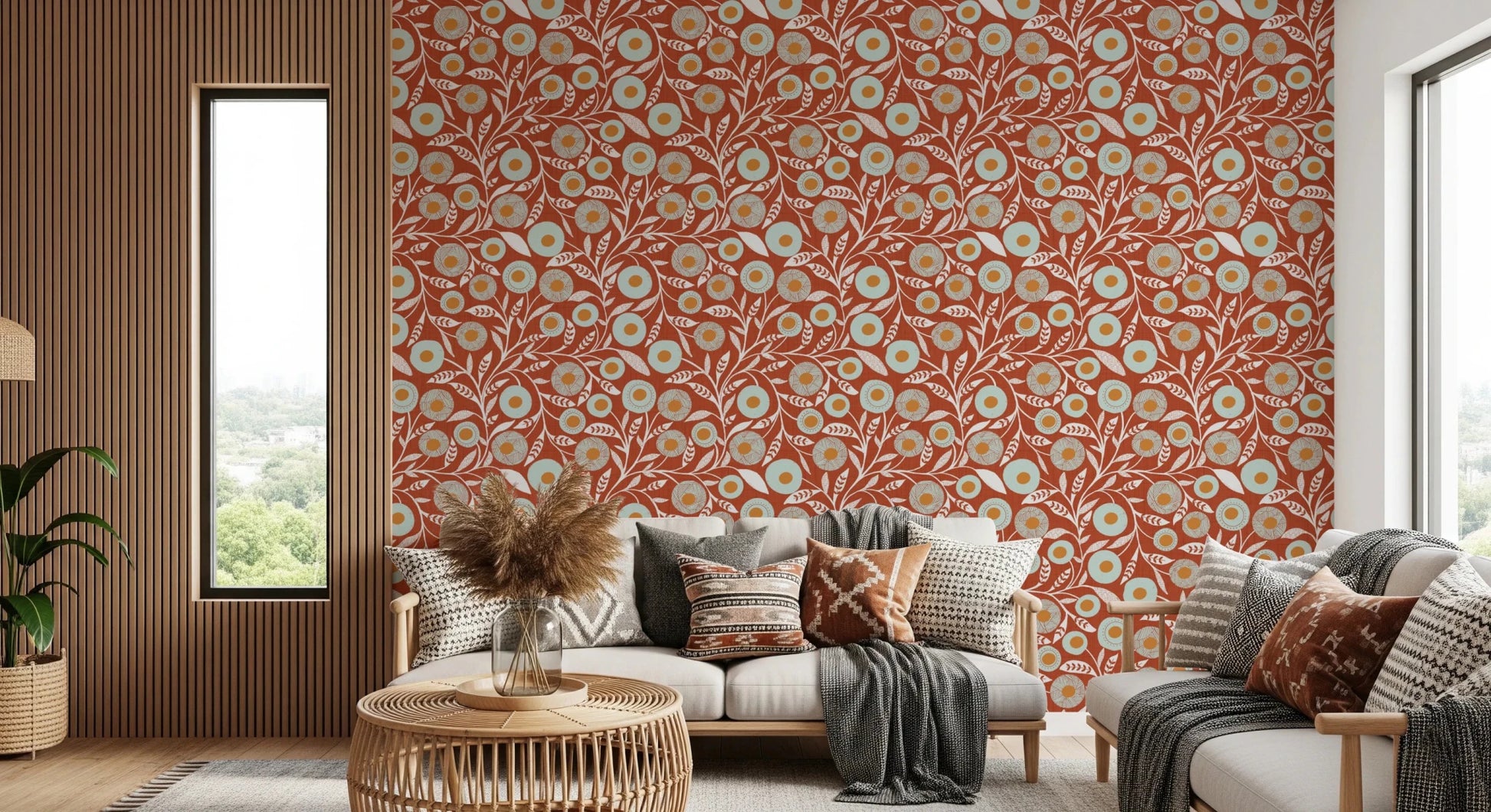 Bright living space styled in Burnt Terracotta craft botanical wallpaper with warmth, GD8546