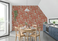 Kitchen dining corner paired with Cozy Scandi Folk Floral Burnt Terracotta wallpaper, GD8546