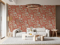 Sunlit living room styled with Cozy Scandi Folk Floral Burnt Terracotta wallpaper, GD8546