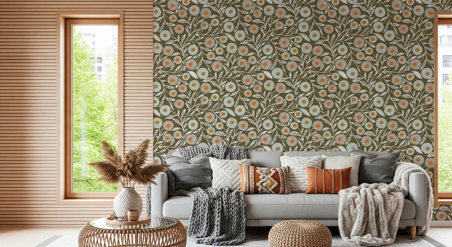 Cozy Scandi Folk Floral Earthy Olive - Craft Botanical Wallpaper⁠