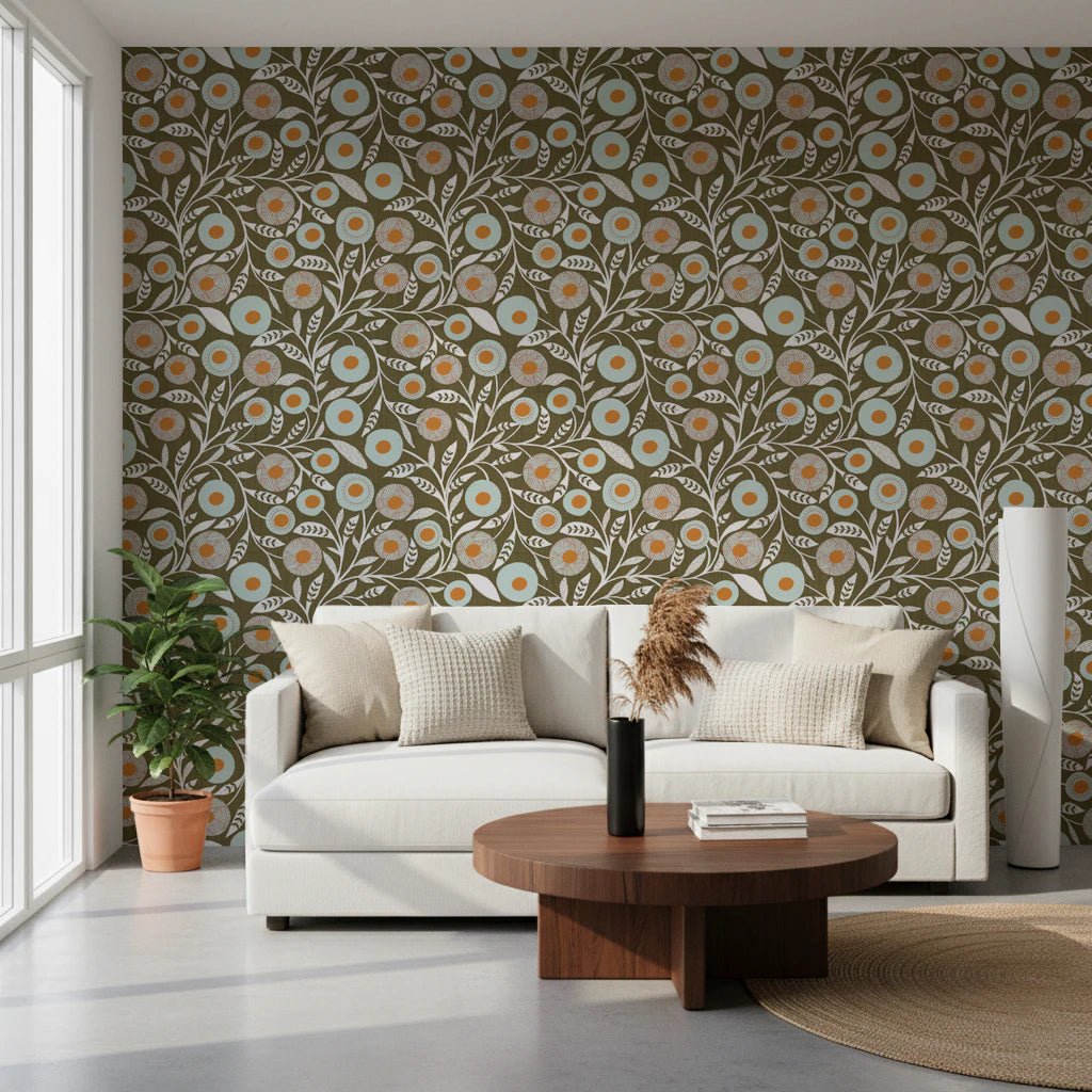Cozy Scandi Folk Floral Earthy Olive - Craft Botanical Wallpaper⁠