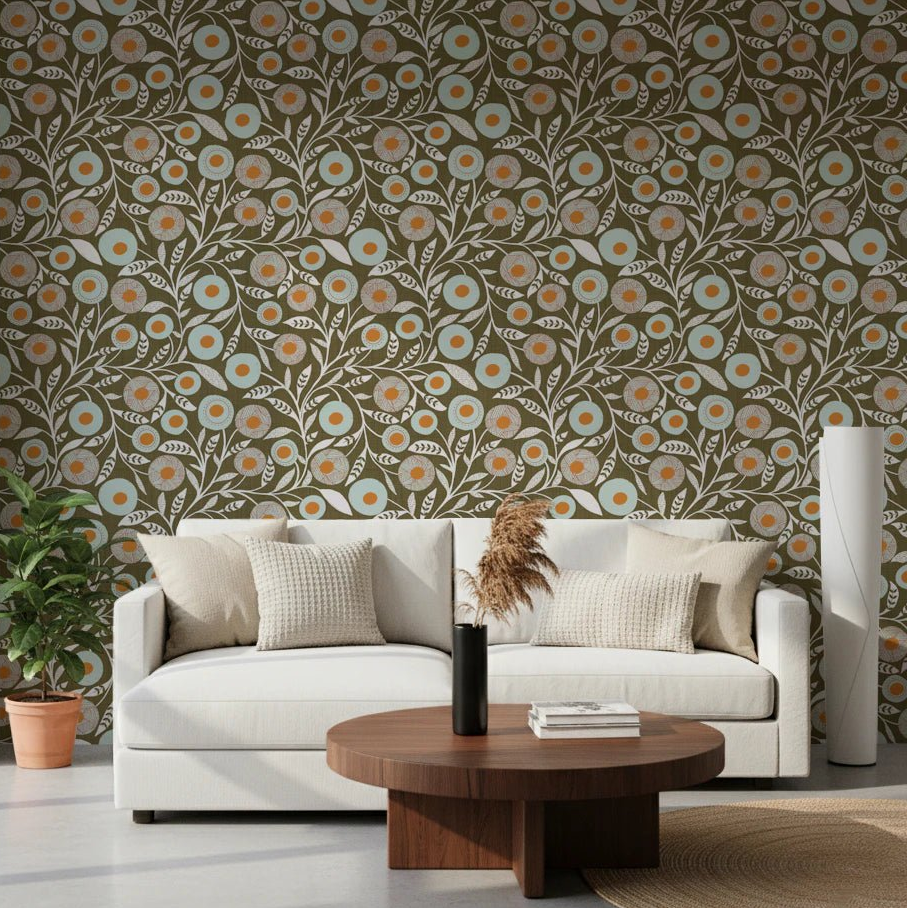 Soft lounge finished in Earthy Olive craft botanical wallpaper with light seating, GD8548