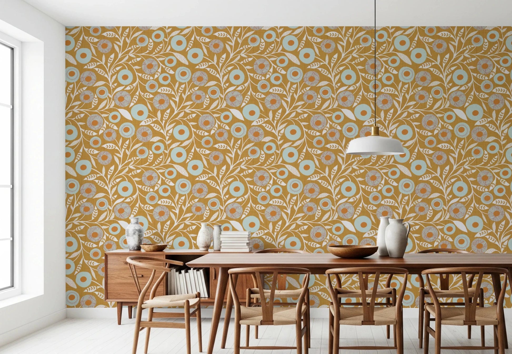 Window-side Dining styled in Cozy Scandi Folk Floral Honey Mustard wallpaper, GD8549