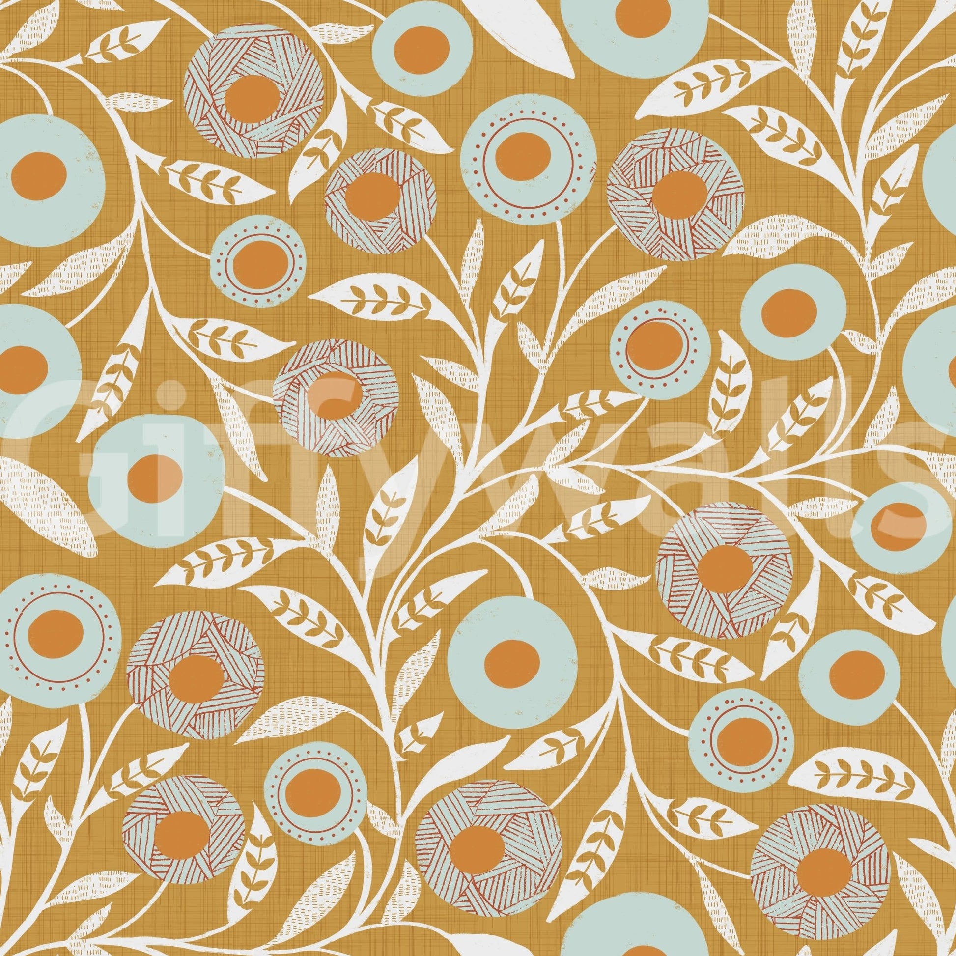 Cozy Scandi Folk Floral Honey Mustard Craft Botanical Wallpaper with leafy floral repeat, GD8549