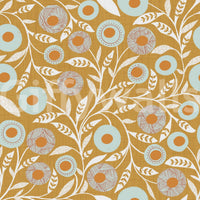 Cozy Scandi Folk Floral Honey Mustard Craft Botanical Wallpaper with leafy floral repeat, GD8549