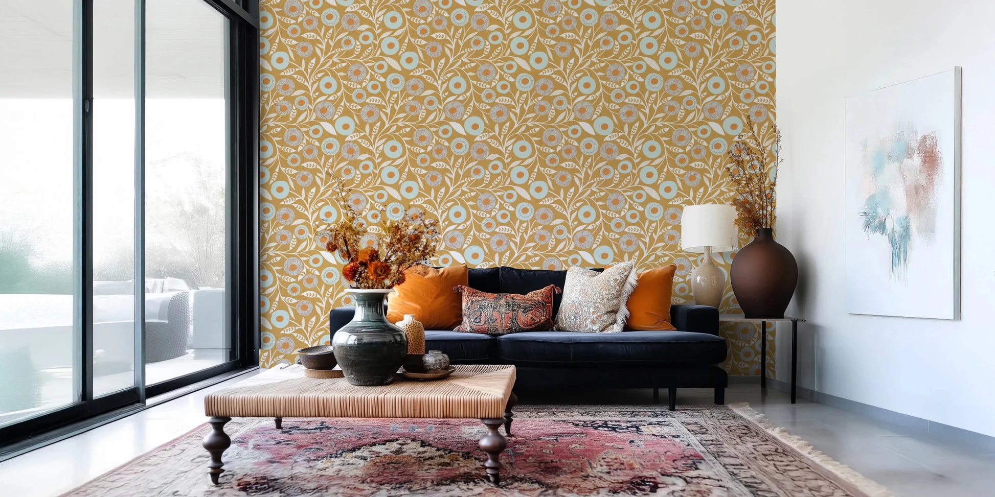 Relaxed sofa corner warmed by Honey Mustard craft botanical wallpaper charm, GD8549