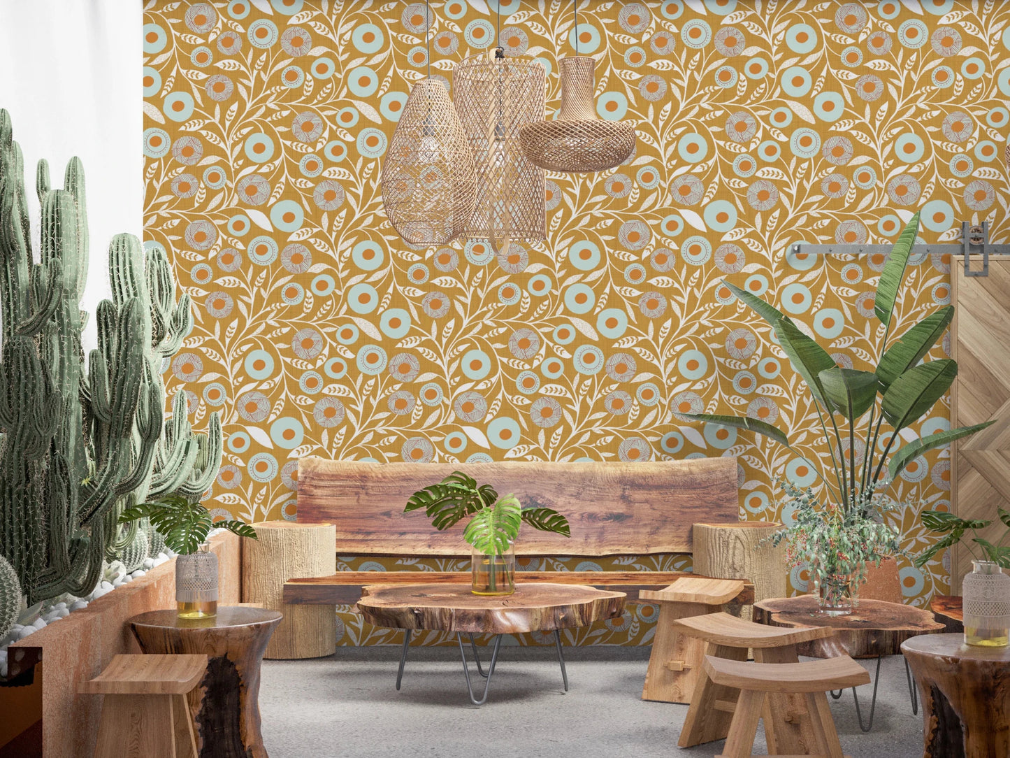 Warm dining room styled with Cozy Scandi Folk Floral Honey Mustard wallpaper, GD8549