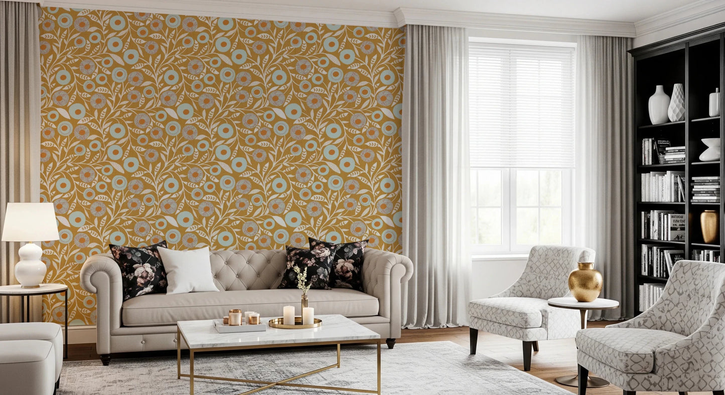 Cozy living area paired with Honey Mustard craft botanical wallpaper and pale seating, GD8549