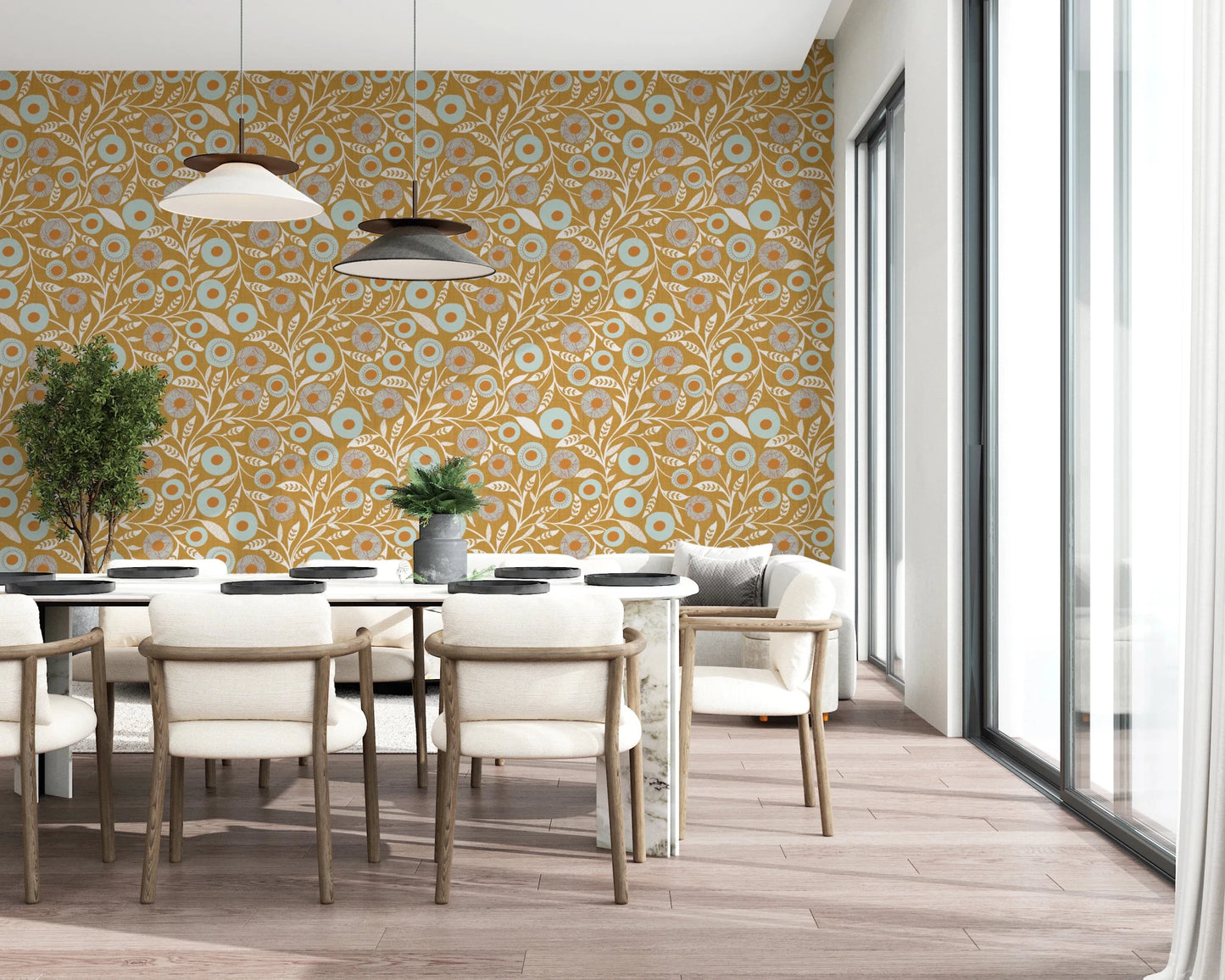 Dining space finished with Cozy Scandi Folk Floral Honey Mustard wallpaper detail, GD8549