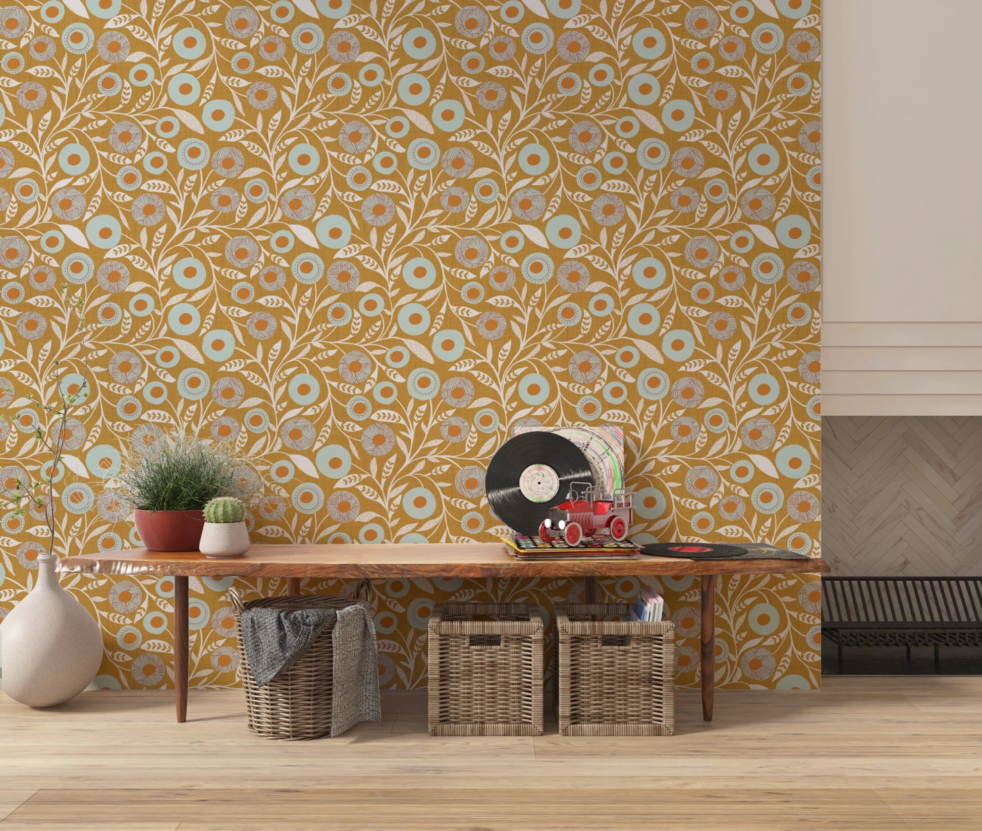 Console nook framed by Honey Mustard craft botanical wallpaper and earthy accents, GD8549
