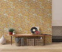 Console nook framed by Honey Mustard craft botanical wallpaper and earthy accents, GD8549