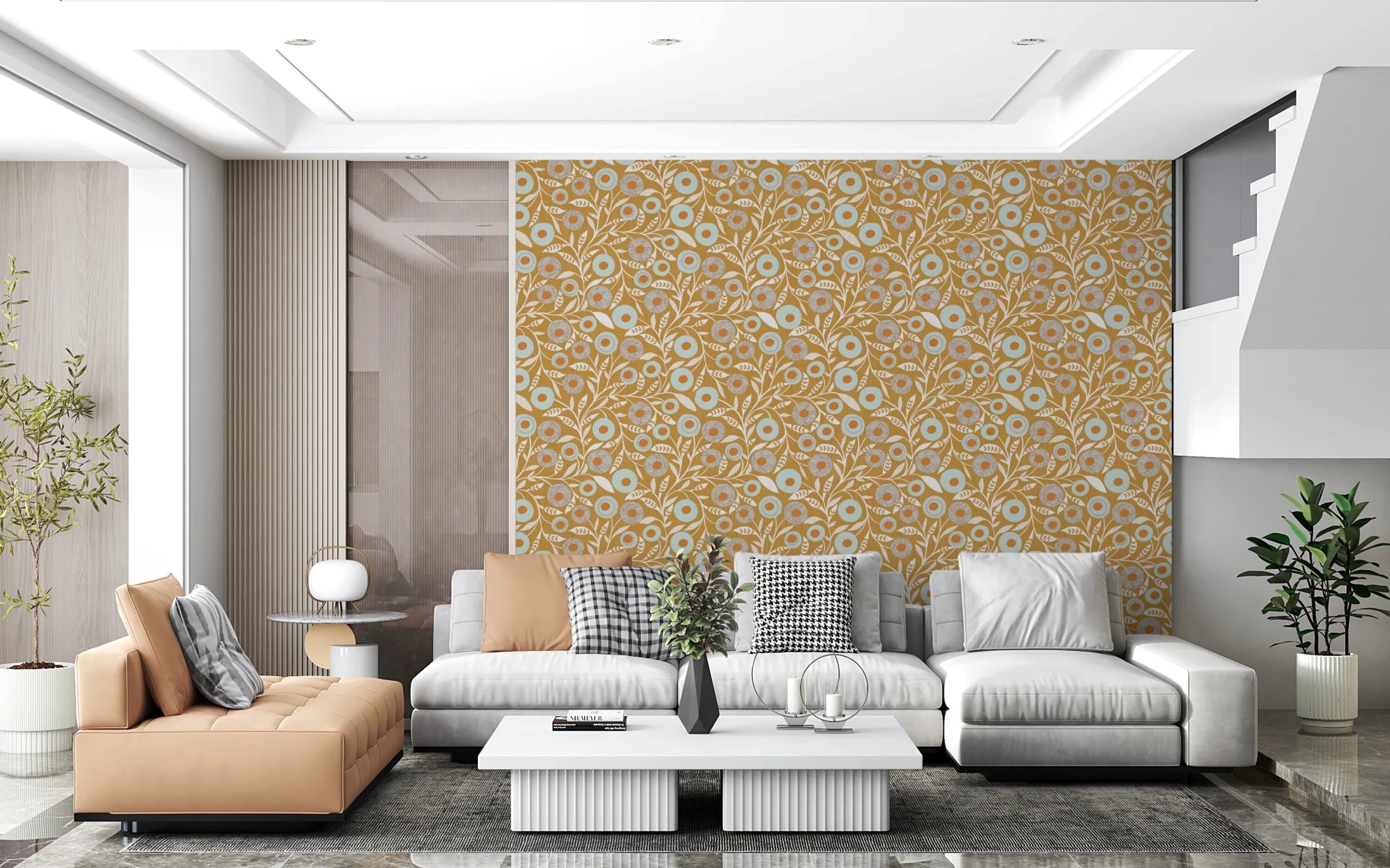 Dining featuring this folk floral Honey Mustard wallpaper and wood furniture, GD8549