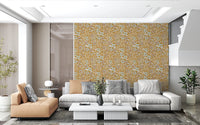 Dining featuring this folk floral Honey Mustard wallpaper and wood furniture, GD8549