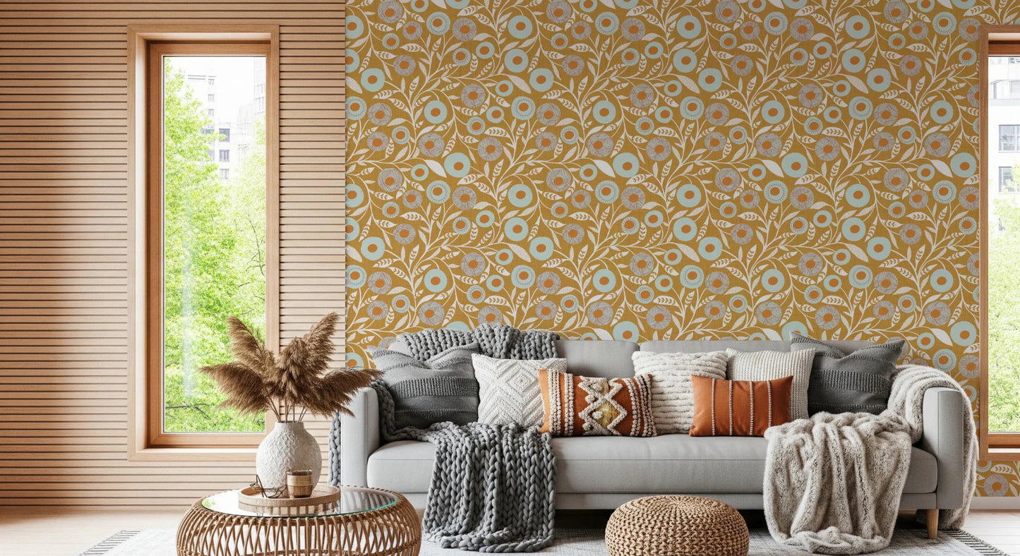 Rustic lounge corner lifted by this honey mustard folk floral wallpaper backdrop, GD8549