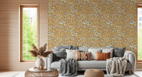Rustic lounge corner lifted by this honey mustard folk floral wallpaper backdrop, GD8549