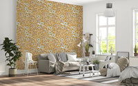 Sunlit family room updated with Cozy Scandi Folk Floral Honey Mustard wallpaper, GD8549