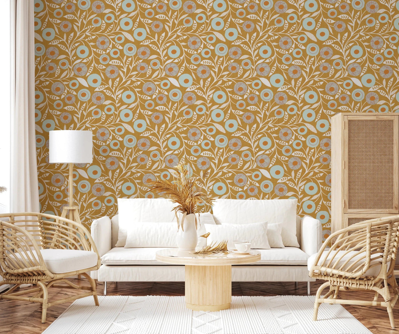 Bright sitting room softened by Cozy Scandi Folk Floral Honey Mustard wallpaper