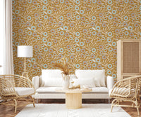 Bright sitting room softened by Cozy Scandi Folk Floral Honey Mustard wallpaper, GD8549