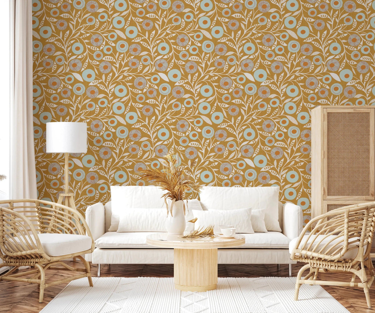 Bright sitting room softened by Cozy Scandi Folk Floral Honey Mustard wallpaper, GD8549
