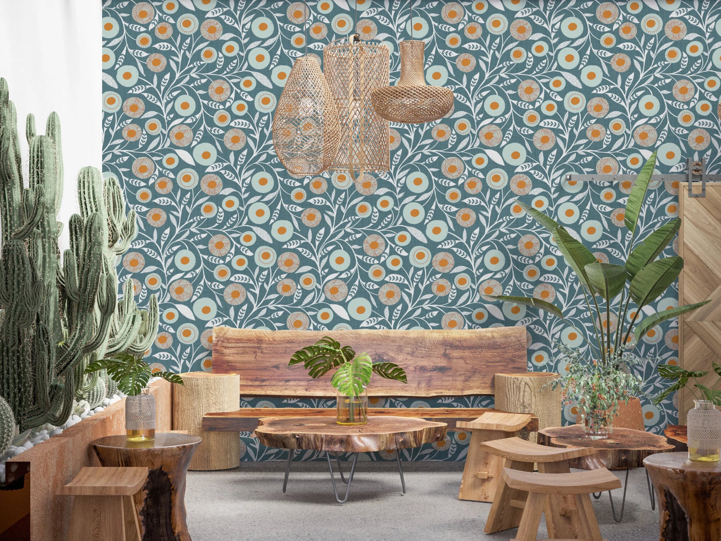 Rustic dining room framed by this blue grey folk botanical wallpaper backdrop, GD8553
