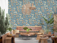 Rustic dining room framed by this blue grey folk botanical wallpaper backdrop, GD8553