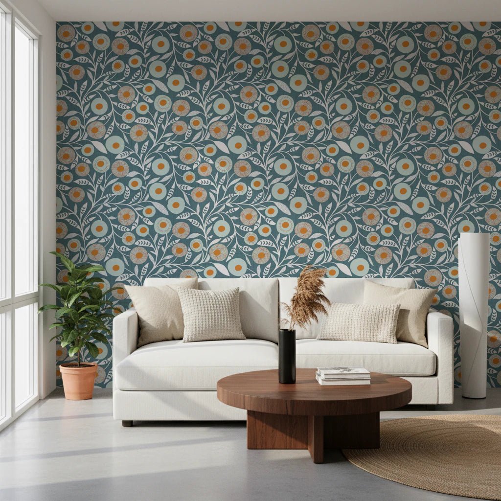 Calm sitting room lifted by the folk floral flow of this blue grey wallpaper, GD8553