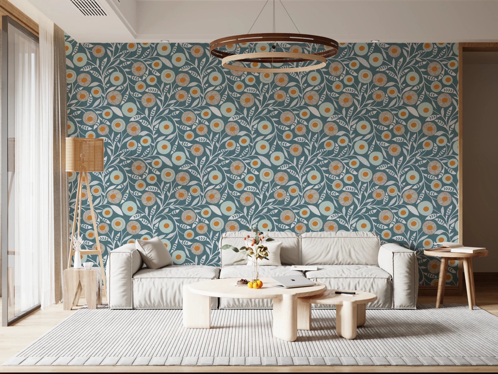 Warm Living nook updated with Nordic Blue Grey craft botanical wallpaper charm, GD8553