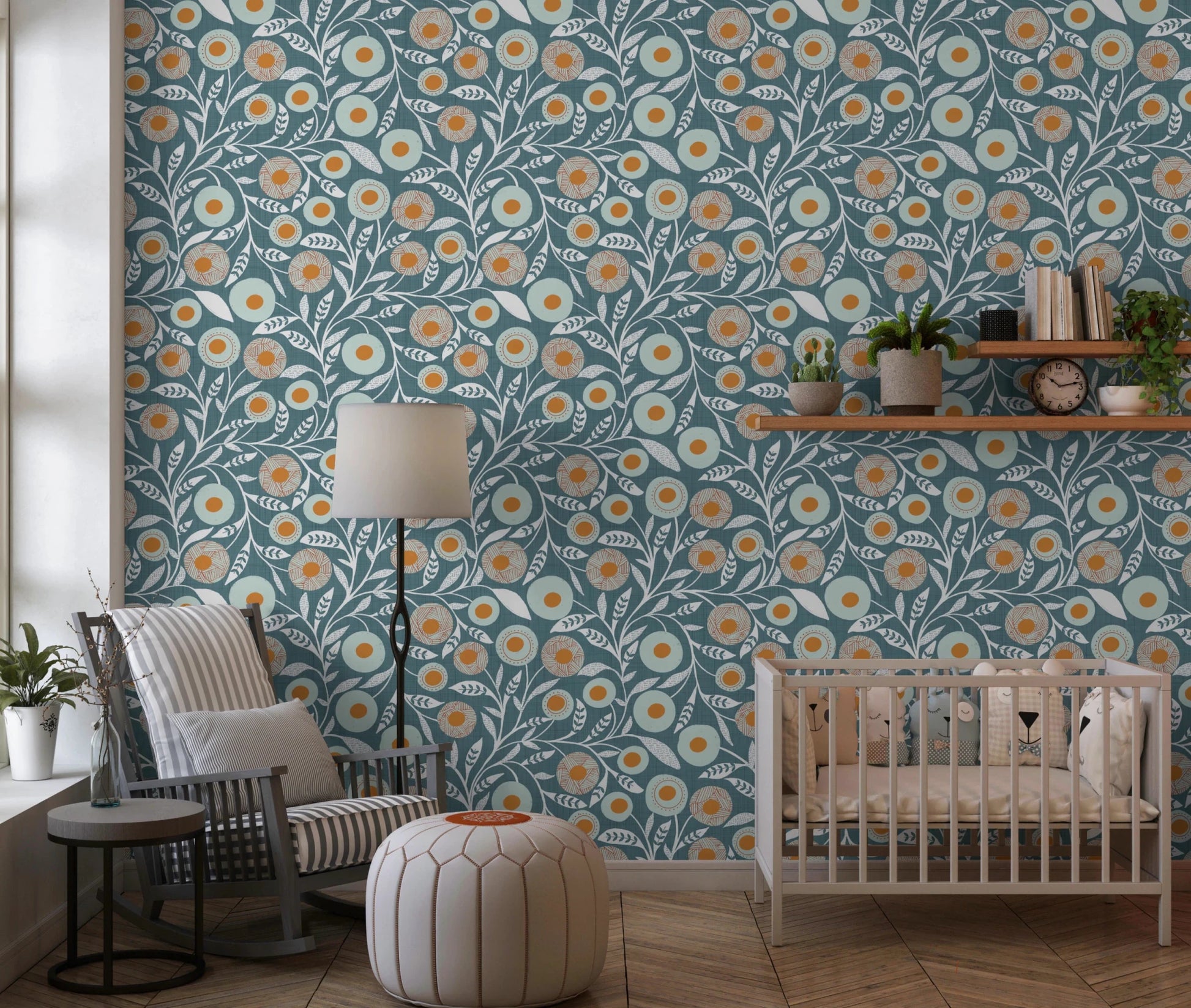 Nursery corner softened by Cozy Scandi Folk Floral Nordic Blue Grey wallpaper, GD8553