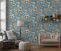 Nursery corner softened by Cozy Scandi Folk Floral Nordic Blue Grey wallpaper, GD8553