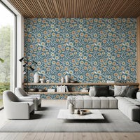 Timber ceiling living space paired with this Nordic blue grey botanical wallpaper, GD8553